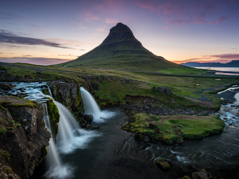 The unique shape of Kirkjufell makes it a prominent feature in the landscape.
